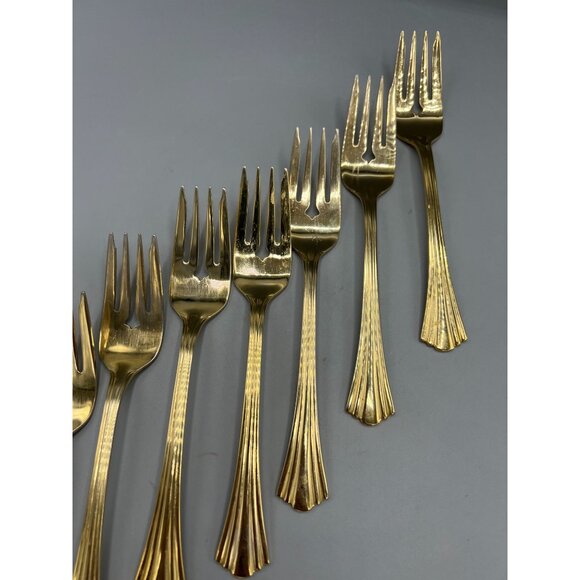 7 Royal Gallery Gold Electroplate Salad Forks Lavish Luncheon Dessert Fork Set - Picture 8 of 8